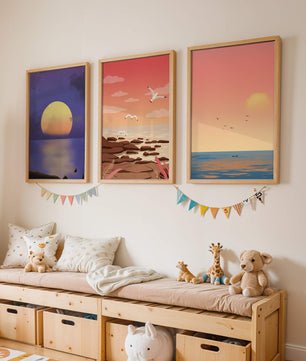 Ensemble de tableaux avec des paysages au coucher et au lever du soleil