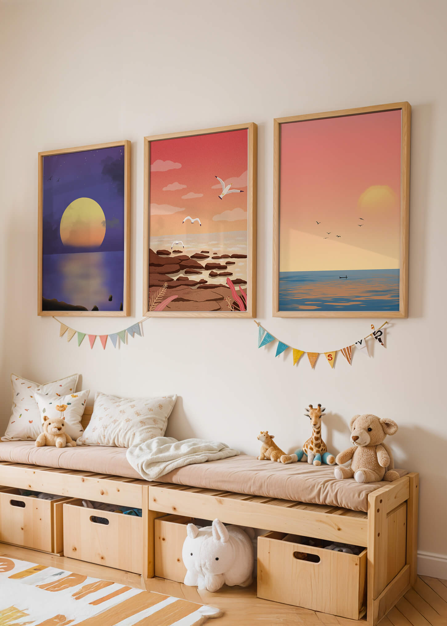 Ensemble de tableaux avec des paysages au coucher et au lever du soleil