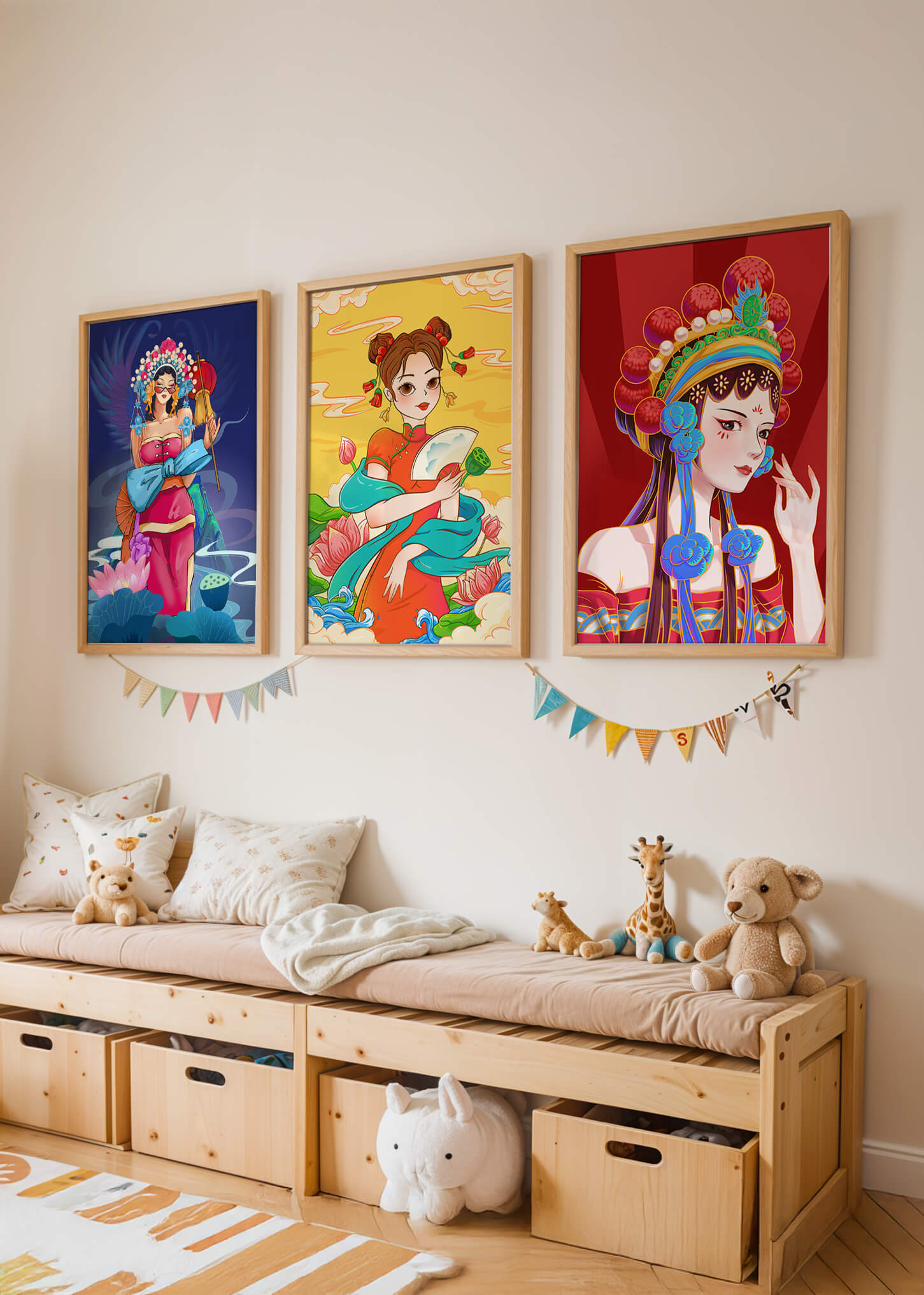 Illustrations de style asiatique avec des femmes en robes traditionnelles