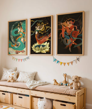 Ensemble d’affiches de style asiatique avec motifs floraux et dorés