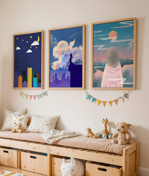 Ensemble de trois tableaux modernes avec des paysages imaginaires