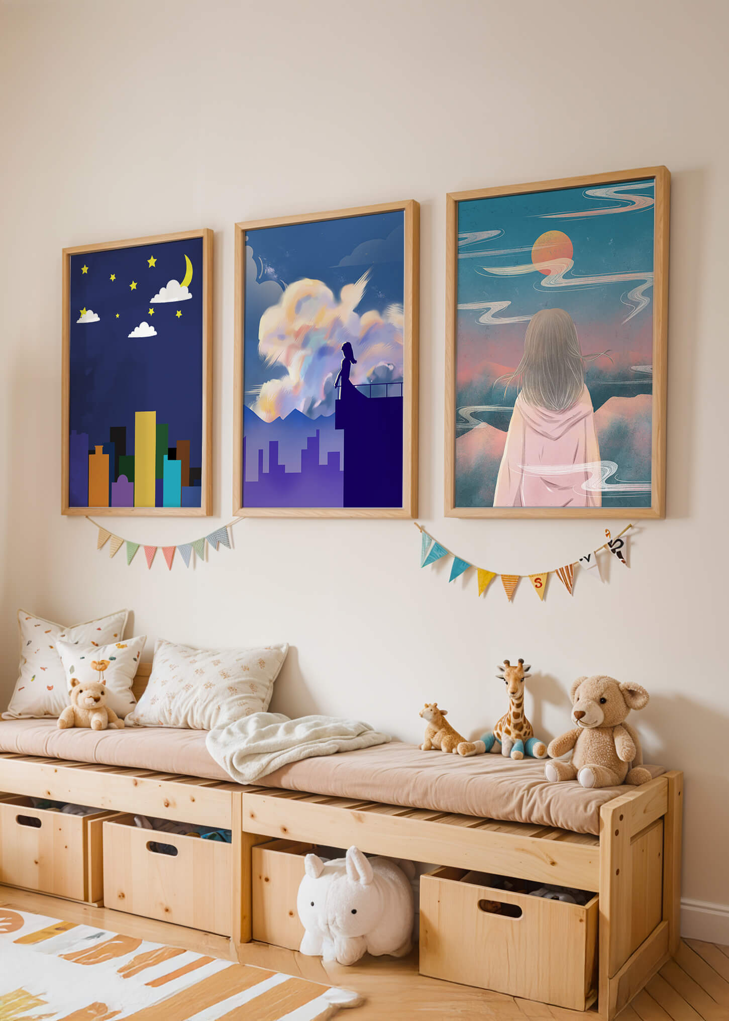 Ensemble de trois tableaux modernes avec des paysages imaginaires