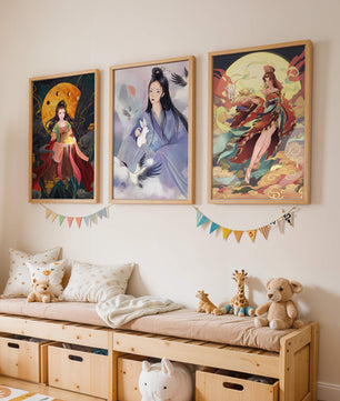 Triptyque d'art asiatique de style anime exposé sur un mur
