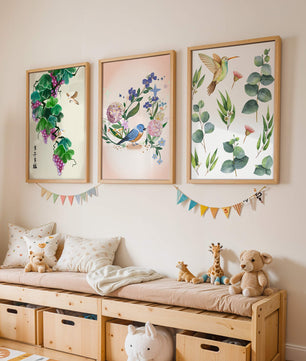 Ensemble de trois œuvres d'art avec des motifs naturels et des oiseaux