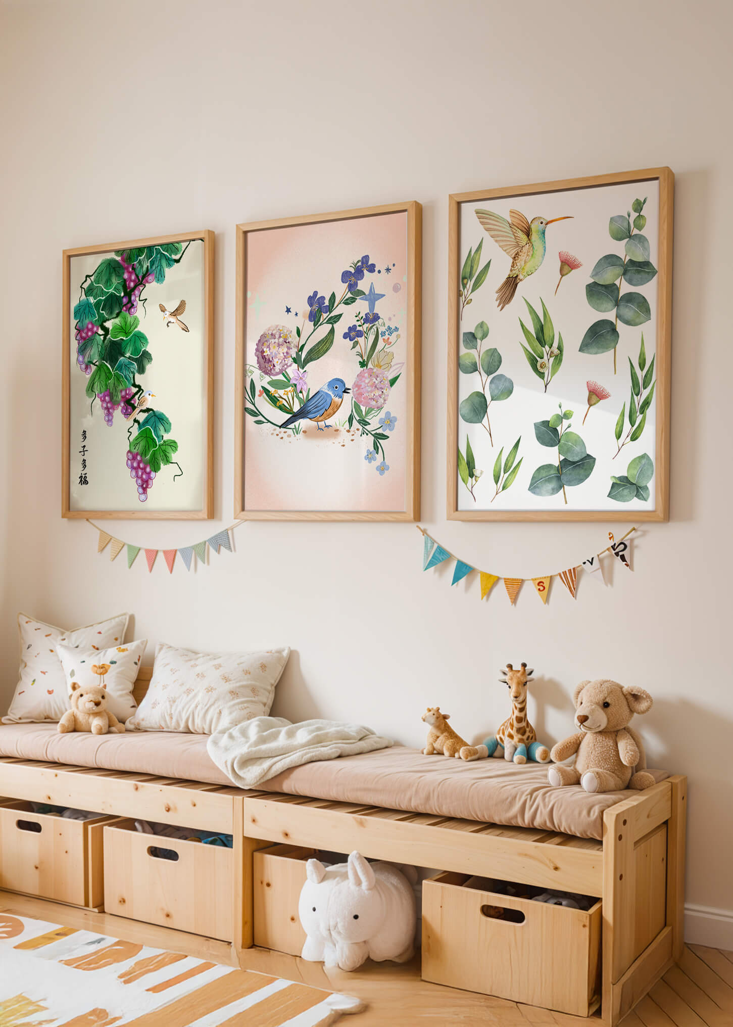 Ensemble de trois œuvres d'art avec des motifs naturels et des oiseaux
