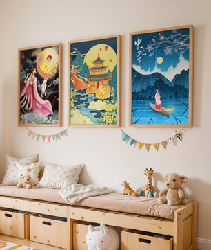 Ensemble d'art oriental avec paysages mystiques et pleine lune