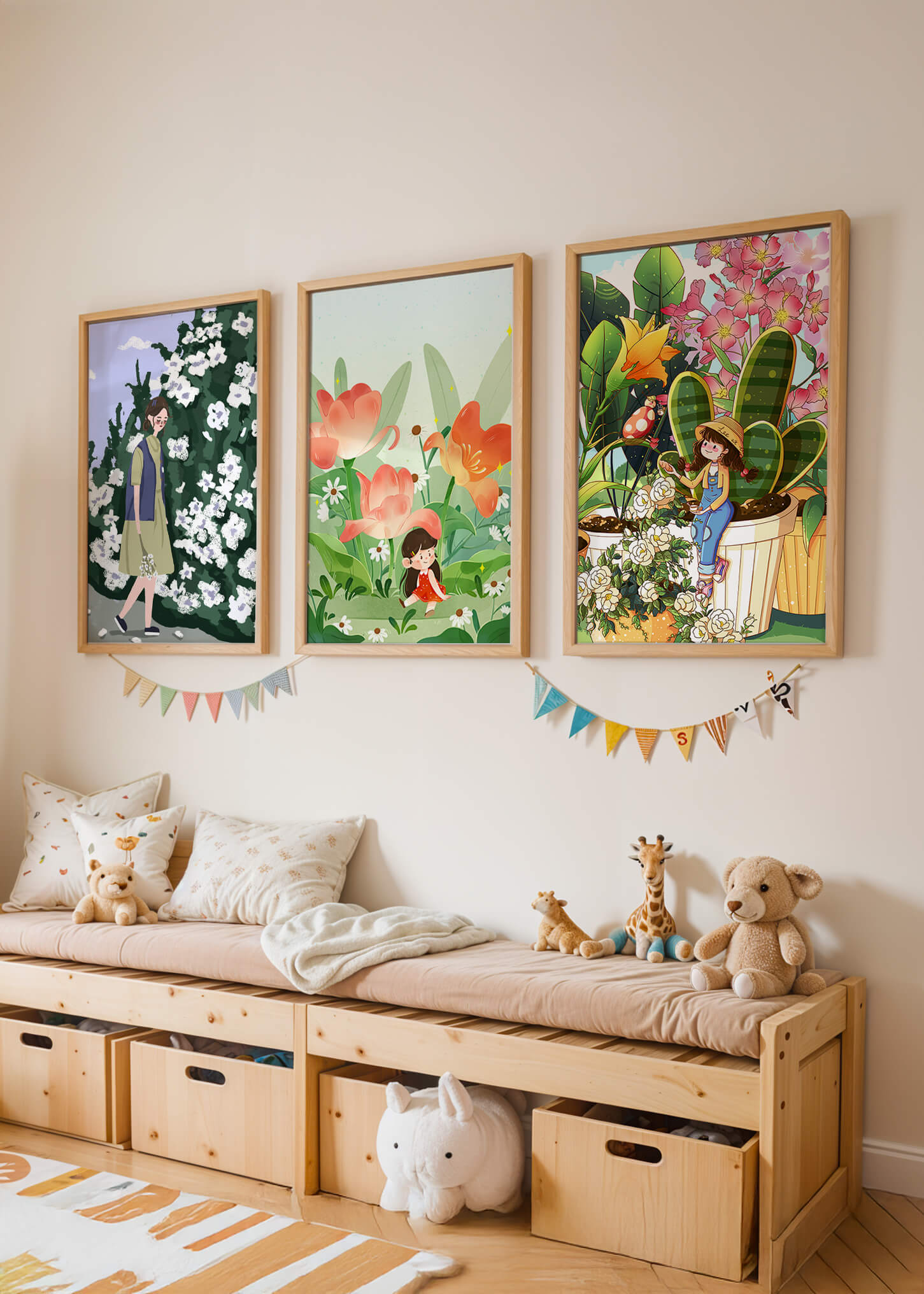 Tríptico de Ilustraciones Florales y Personajes