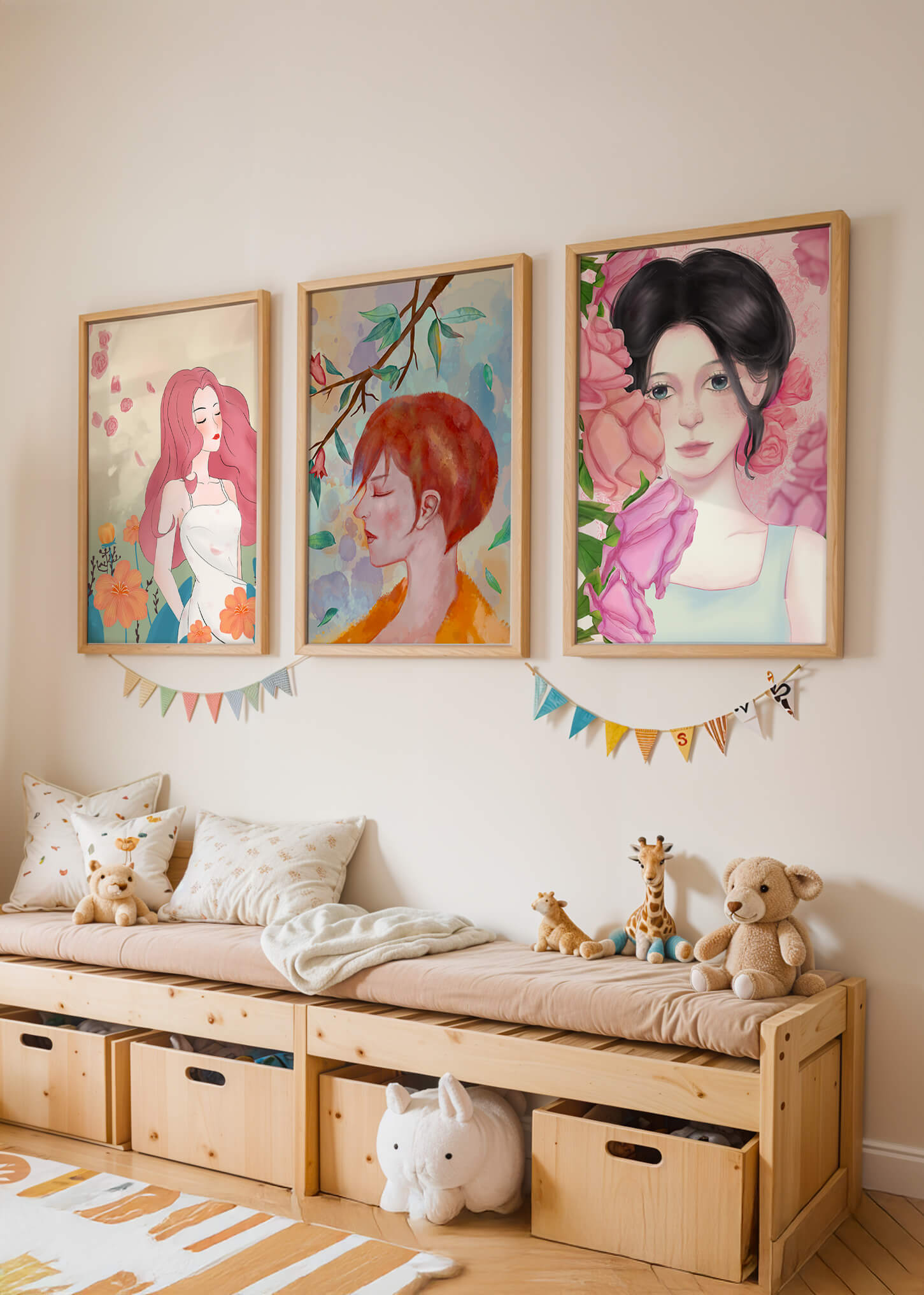 Peintures modernes de femmes avec fleurs en décoration intérieure