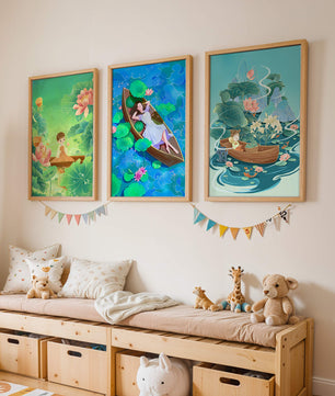 Art des enfants dans des bateaux avec des fleurs et de l'eau