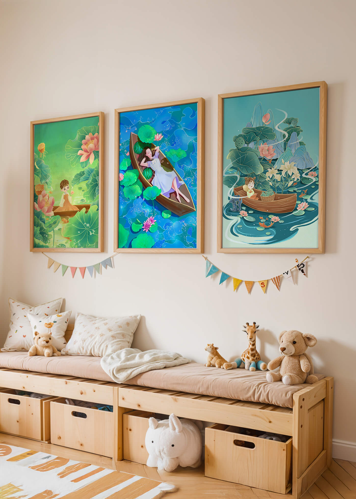 Arte De Niños En Barcos Con Flores Y Agua