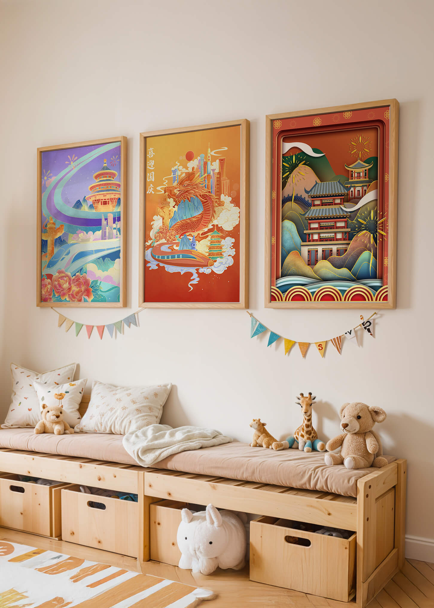 Piezas de Arte Cultural con Elementos Asiáticos y Motivos Tradicionales