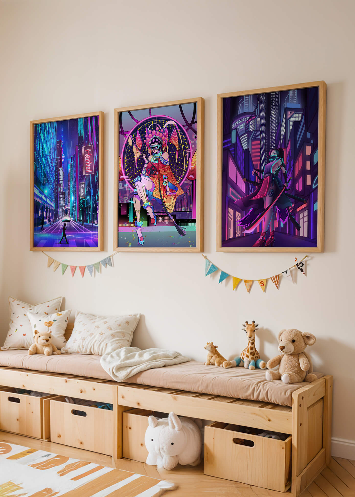 Neon-Futuristisches Triptychon rahmenlos