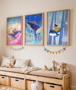 Tableaux fantastiques avec des baleines volantes pour décoration enfantine