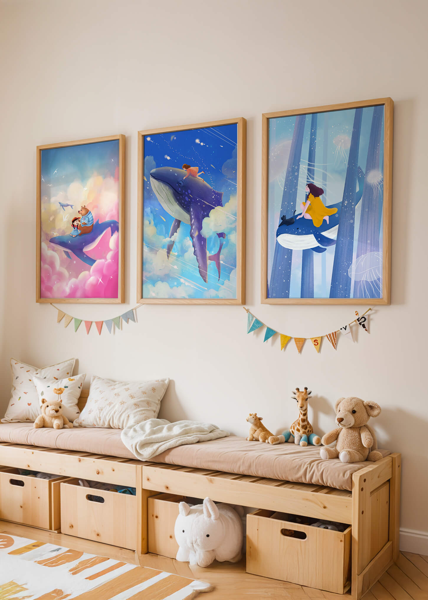 Tableaux fantastiques avec des baleines volantes pour décoration enfantine