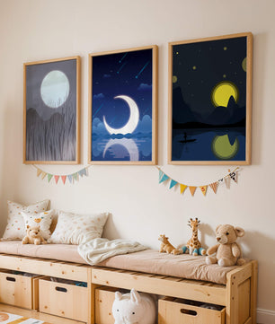 Paysages nocturnes avec lune et étoiles dans des cadres