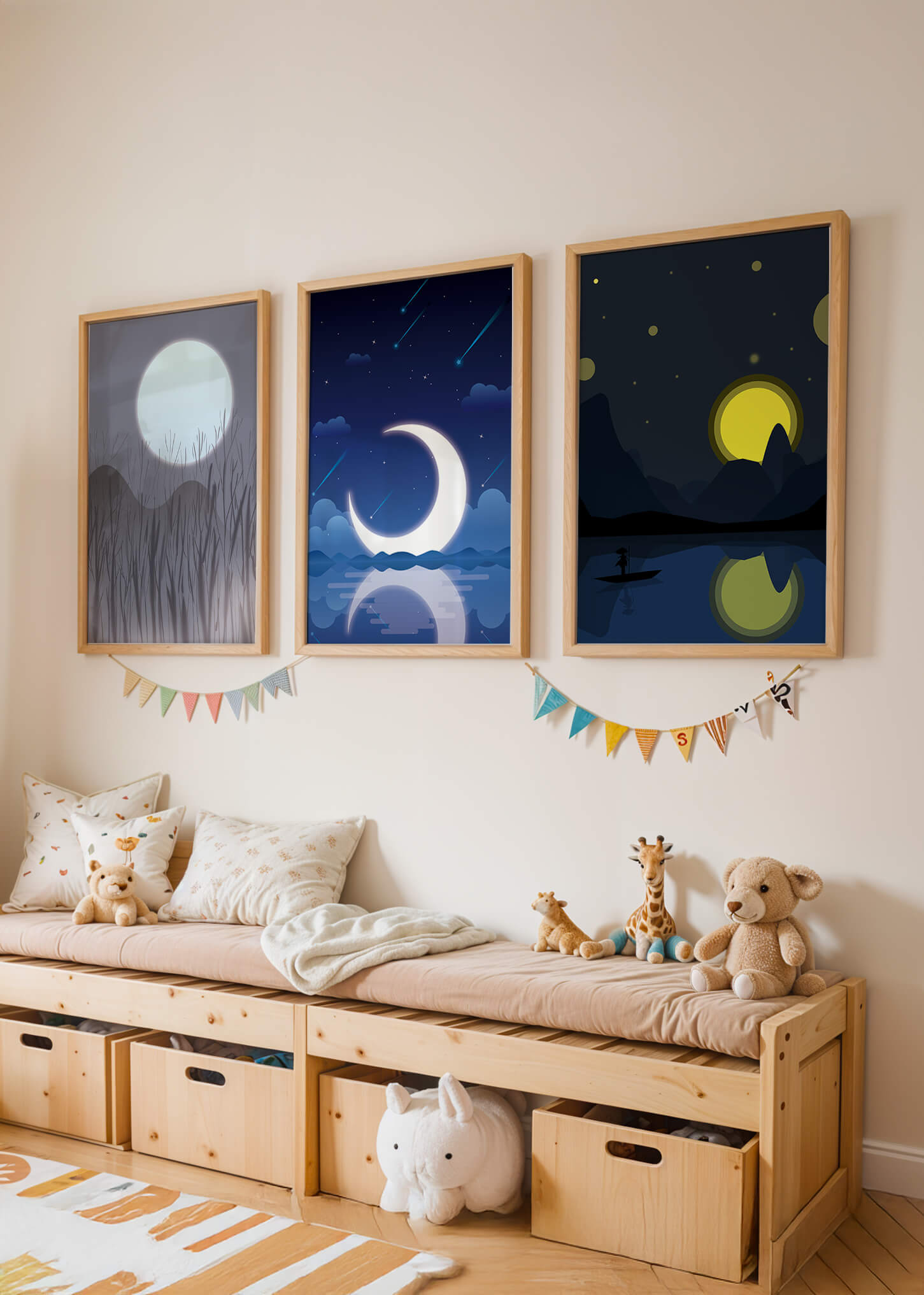 Paysages nocturnes avec lune et étoiles dans des cadres