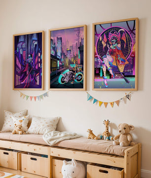 Triptyque de style cyberpunk avec des personnages en art numérique