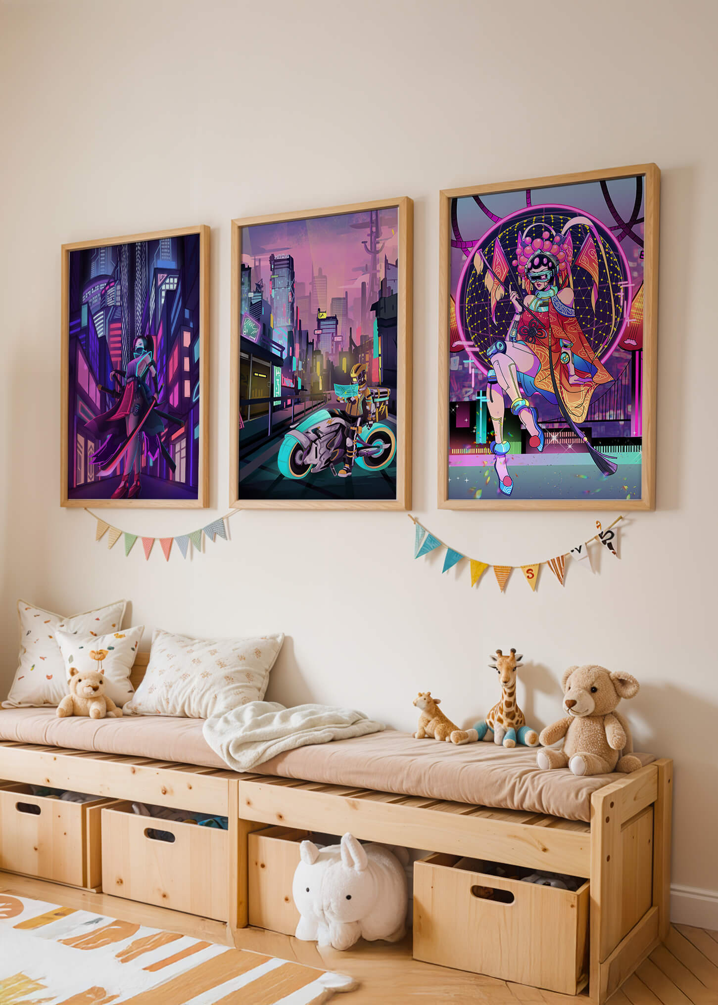 Triptyque de style cyberpunk avec des personnages en art numérique