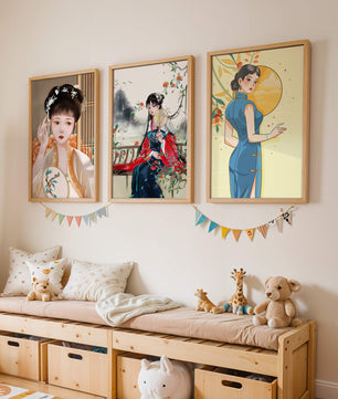 Art numérique avec motifs asiatiques et illustrations de femmes