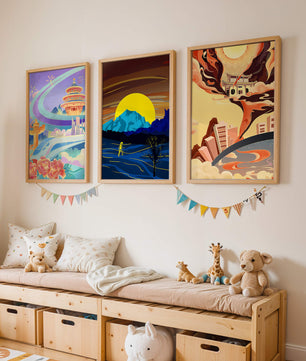 Set aus abstrakter Kunst mit Landschaften und modernem Design