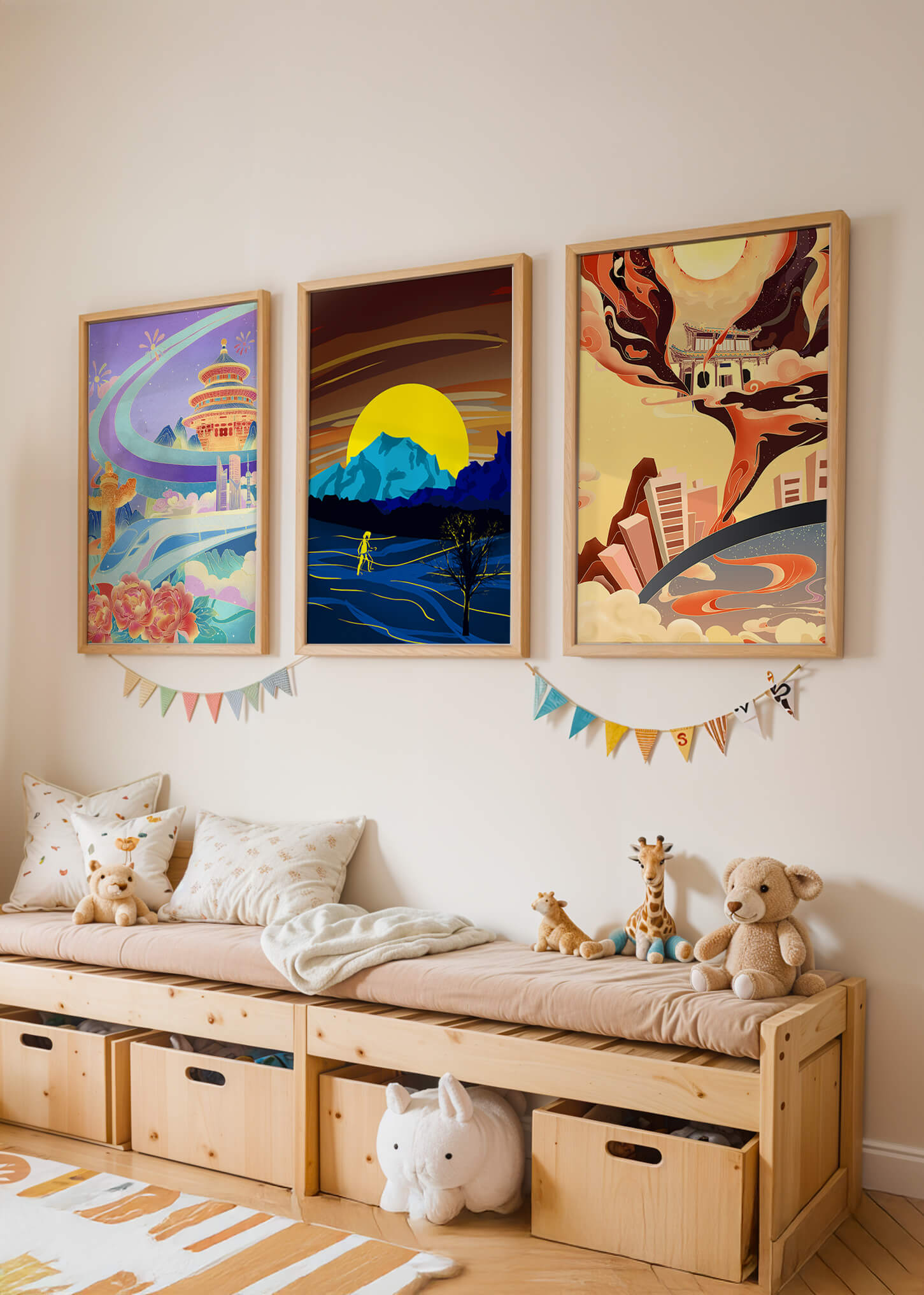 Set aus abstrakter Kunst mit Landschaften und modernem Design