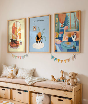 Triptyque d'art moderne avec des illustrations de chats et des scènes colorées
