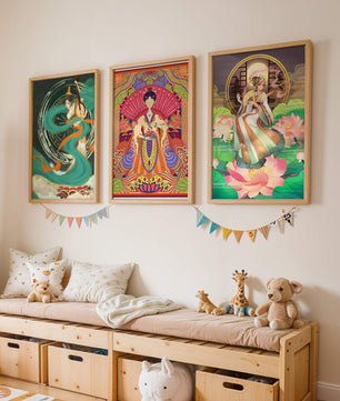 Conjunto de Tres Obras de Arte Oriental en Bloques de Madera