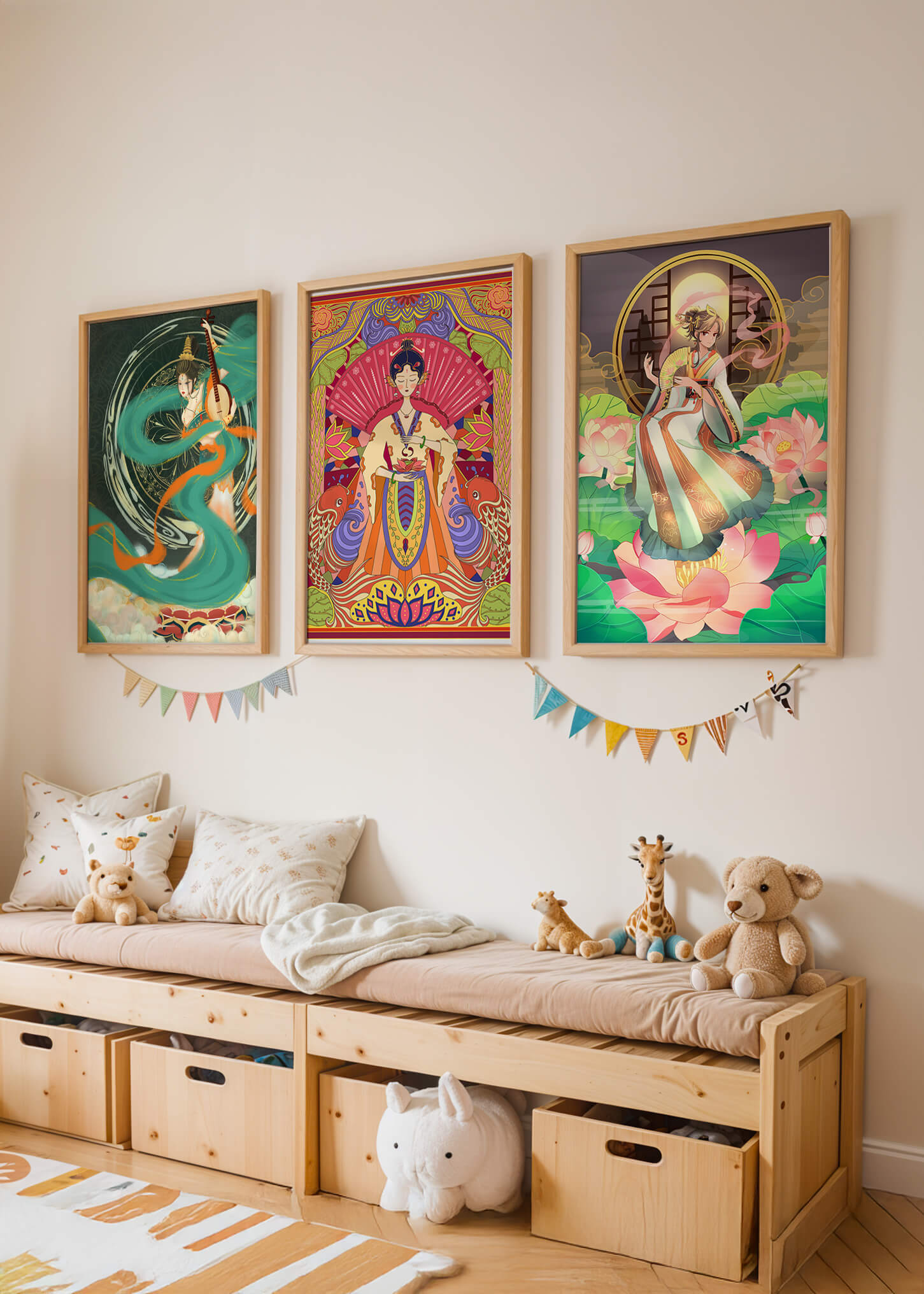 Conjunto de Tres Obras de Arte Oriental en Bloques de Madera