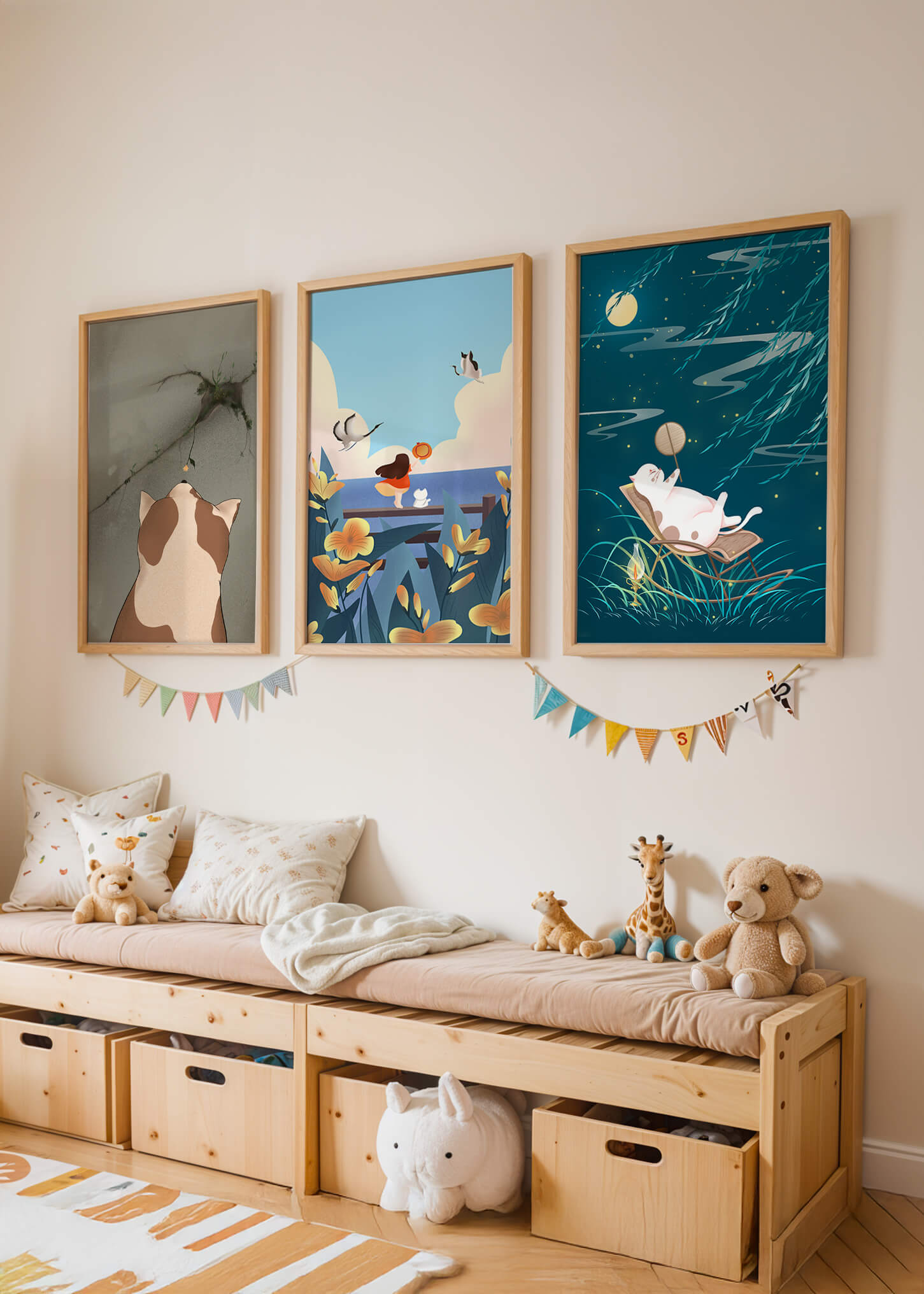 Tríptico de Arte con Animales y Paisajes Ilustrados