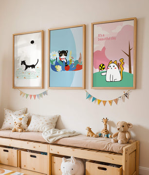 Pósters Coloridos con Gatos en Estilo Ilustrado para Decoración