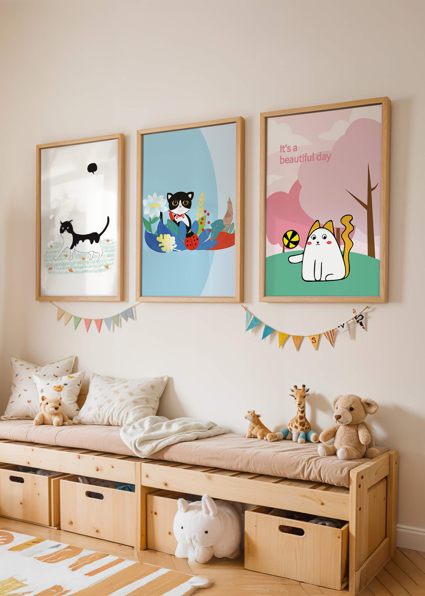 Pósters Coloridos con Gatos en Estilo Ilustrado para Decoración