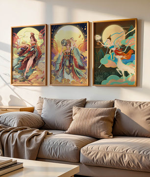 Ostasiatische Dekorative Kunst mit goldenen Elementen in einem Dreierset