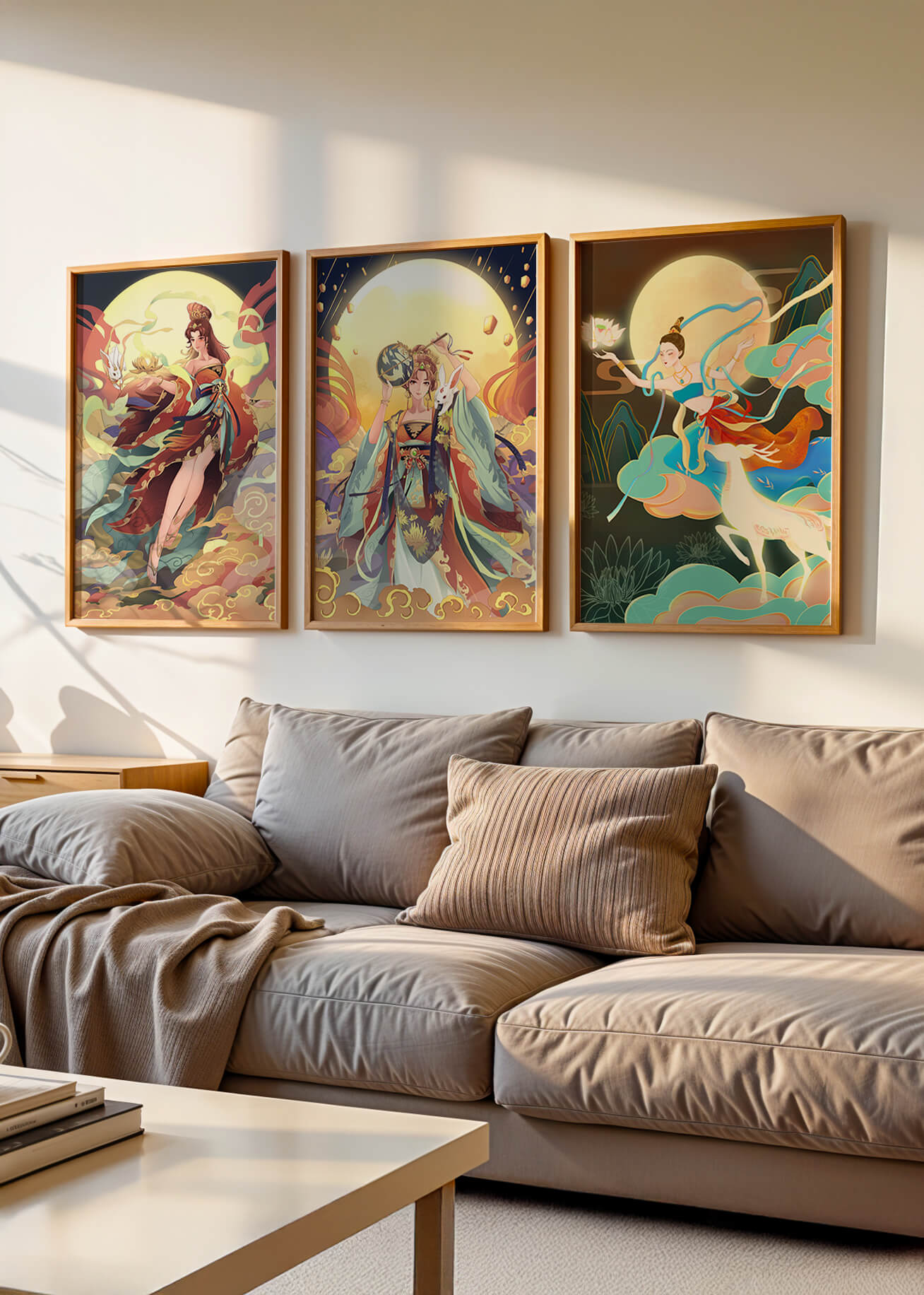 Ostasiatische Dekorative Kunst mit goldenen Elementen in einem Dreierset