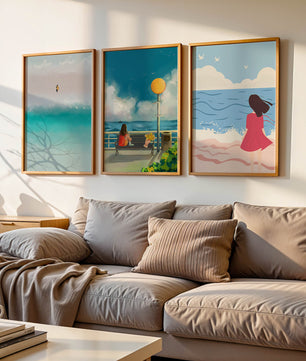 Tableaux minimalistes de plage et de mer avec personnages