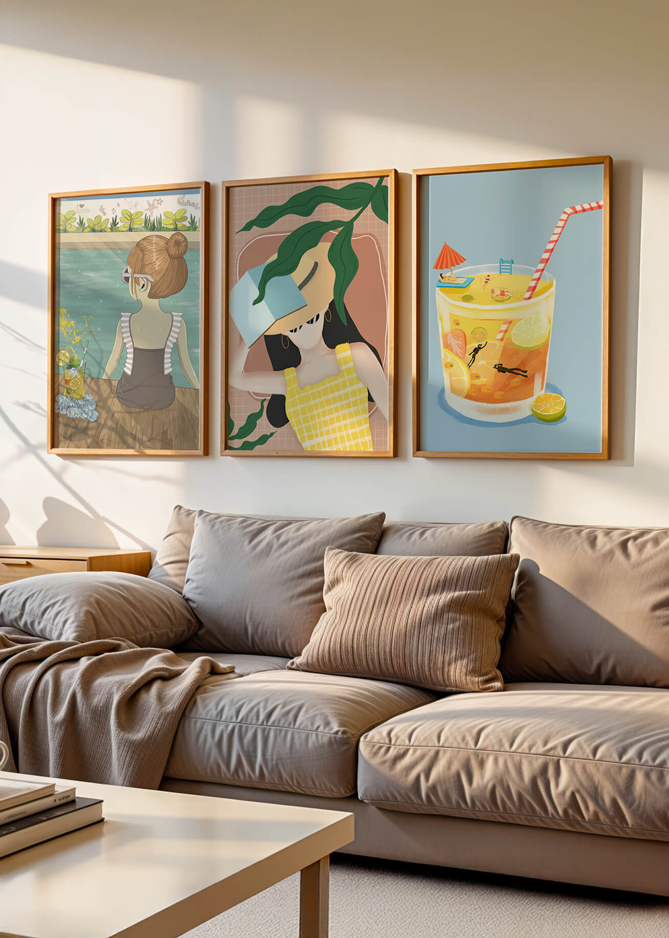 Conjunto De Tres Ilustraciones Modernas Con Temática De Playa En Marcos De Madera