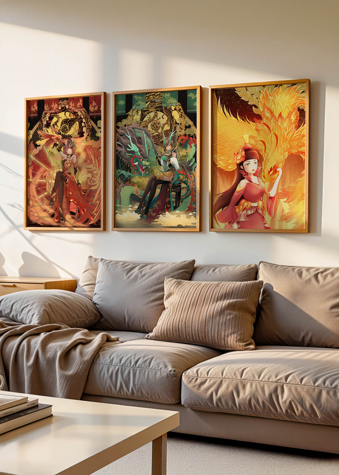 Tríptico De Arte Fantástico Con Figuras Míticas En Marcos Dorados