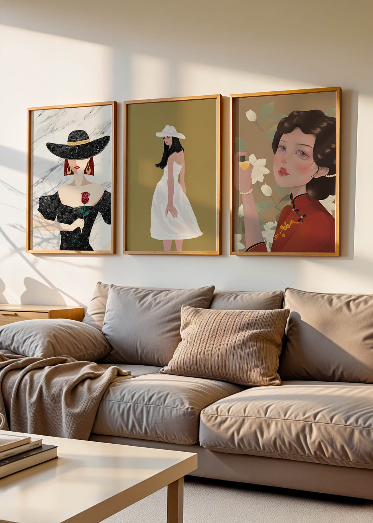 Pared Con Tres Lienzos de Mujeres en Sombreros Sin Marco