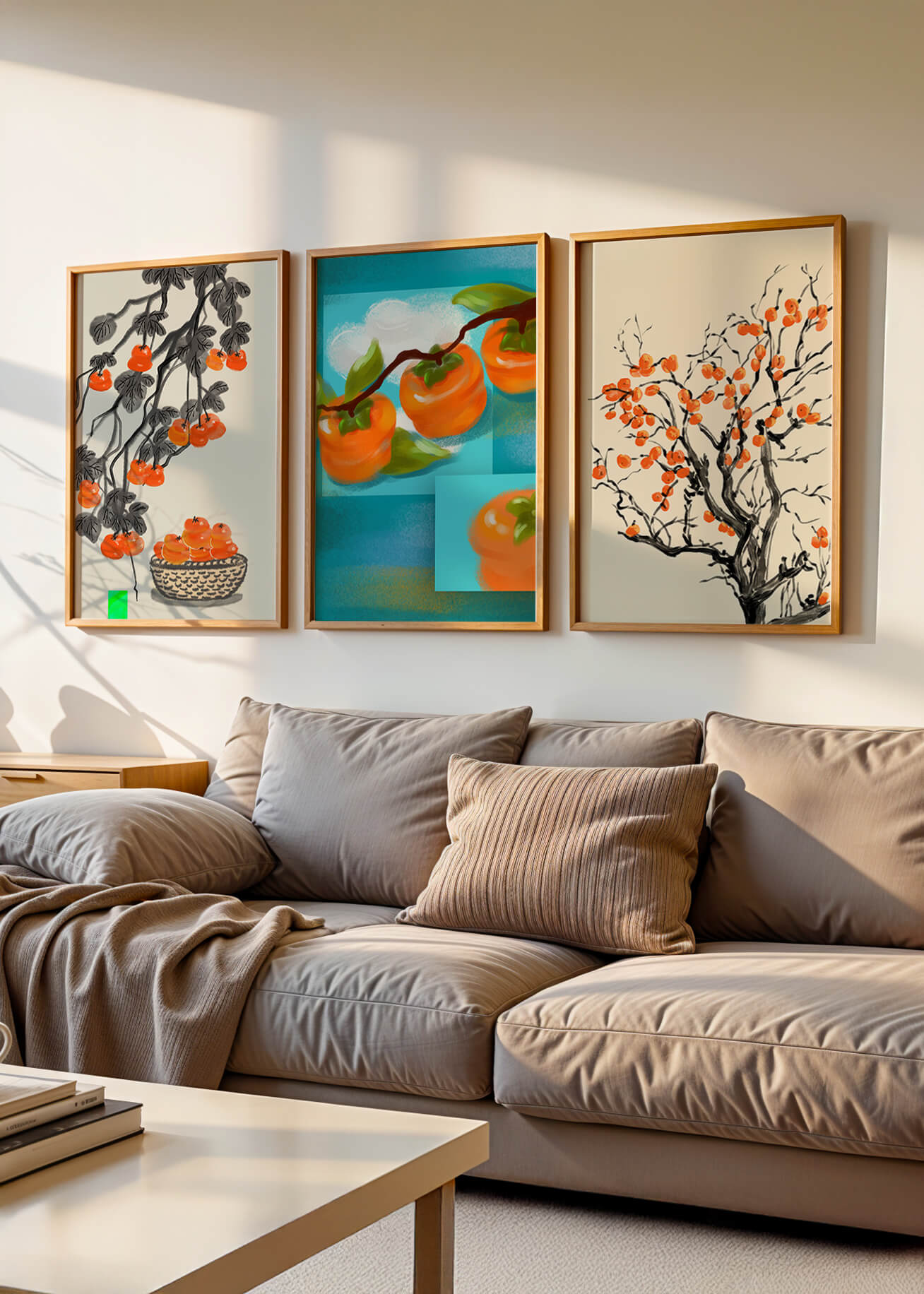 Cuadros Con Motivos De Caquis En Tonos Naranjas Y Azules