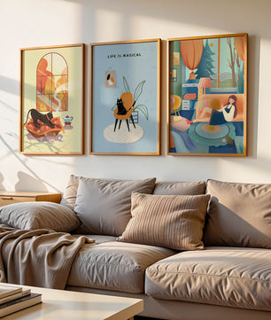 Triptyque d'art moderne avec des illustrations de chats et des scènes colorées