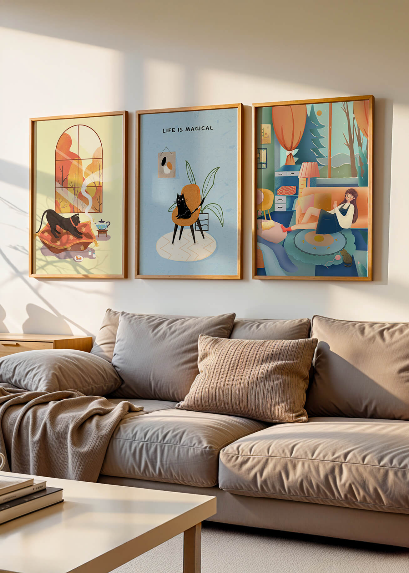 Triptyque d'art moderne avec des illustrations de chats et des scènes colorées