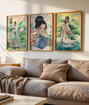 Serie De Arte Chino Con Mujeres Tradicionales En Impresión De Alta Calidad