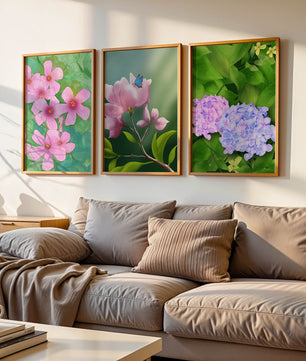 Ensemble de tableaux avec fleurs roses, papillon et hortensias