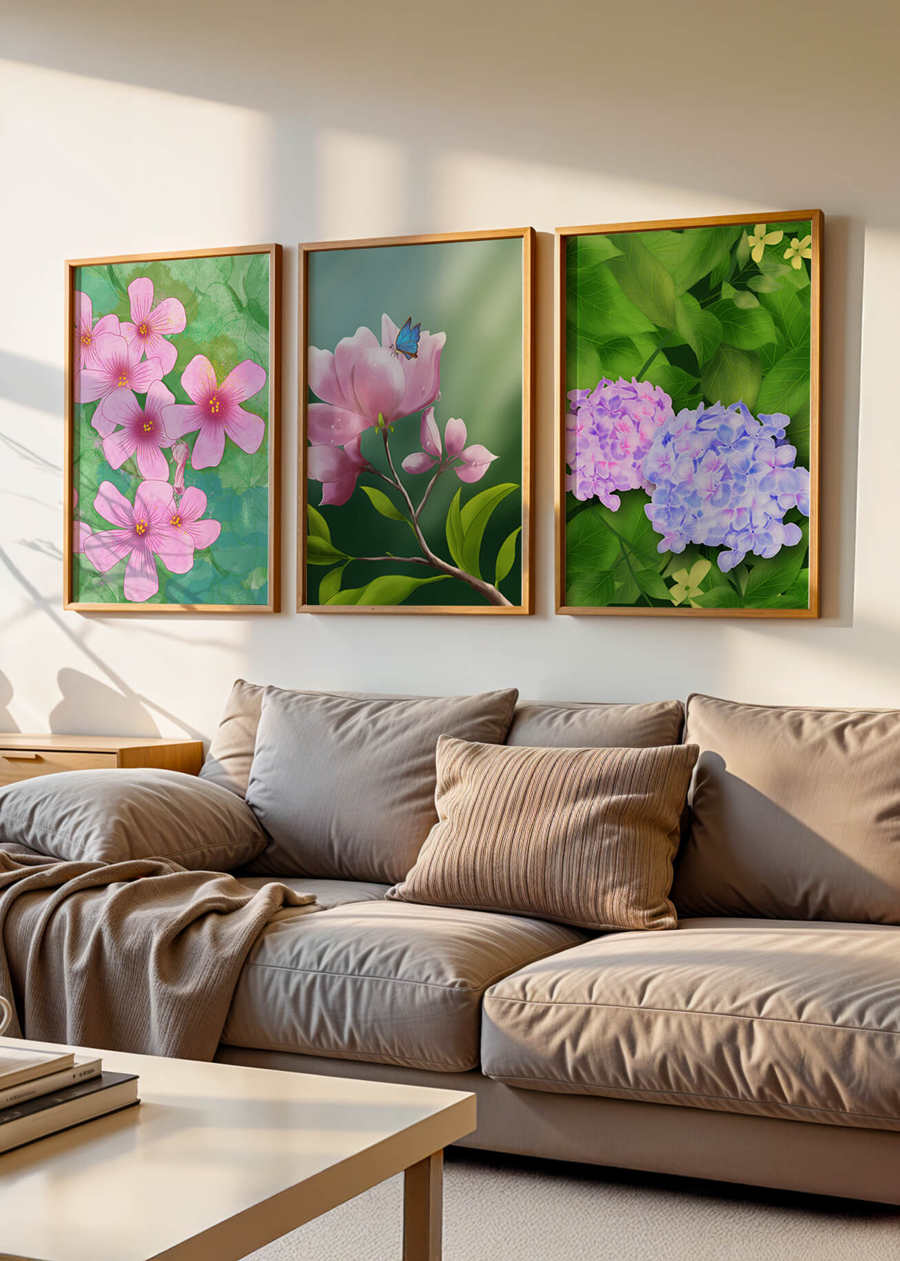 Ensemble de tableaux avec fleurs roses, papillon et hortensias