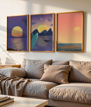 Minimale Sonnenuntergang-Landschaften in digitaler Kunst ohne Rahmen auf Holzboden