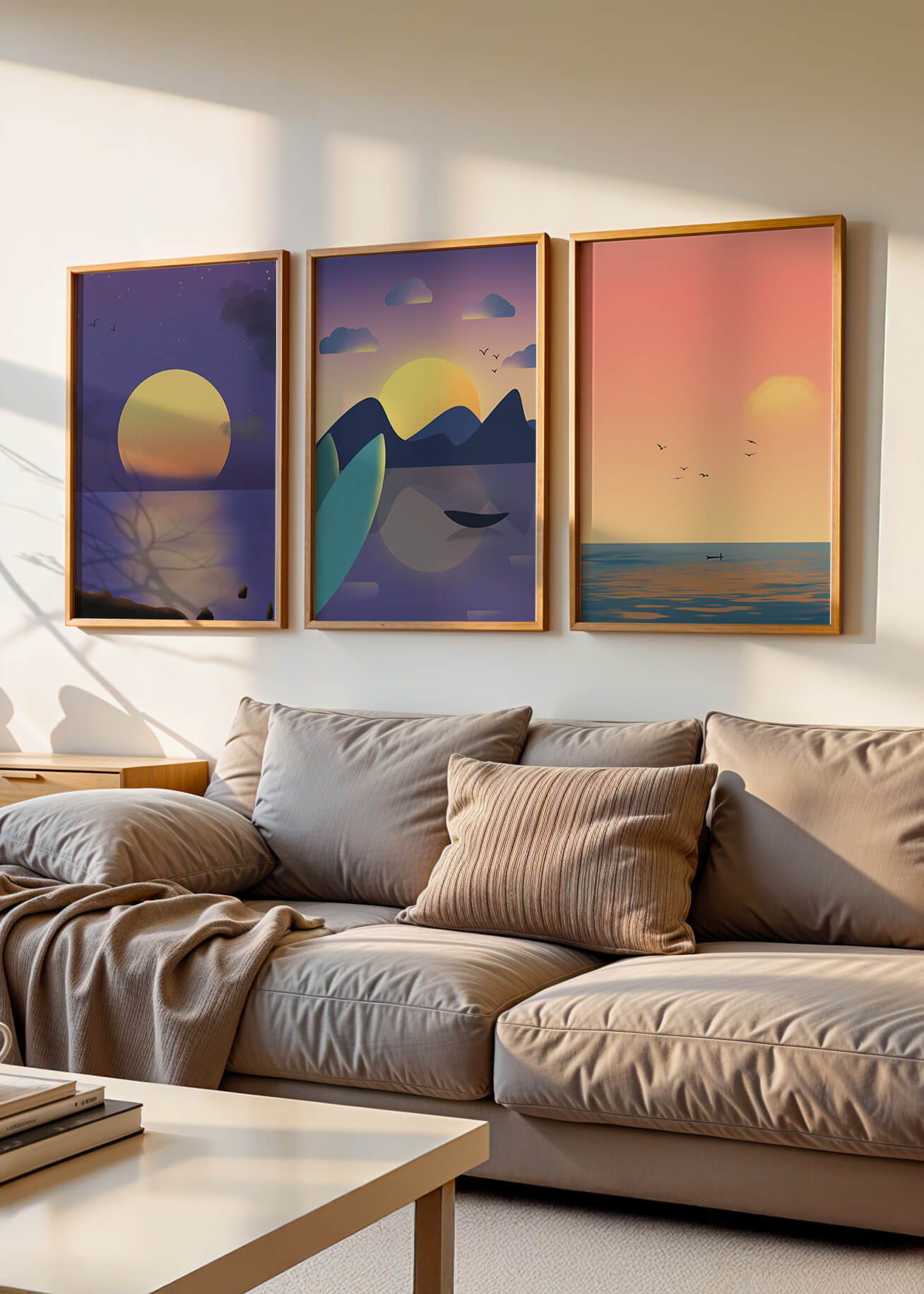 Minimale Sonnenuntergang-Landschaften in digitaler Kunst ohne Rahmen auf Holzboden