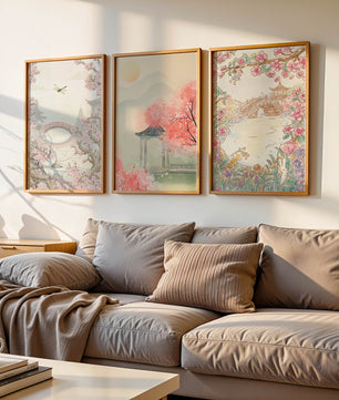 Triptyque oriental de paysages en tons pastels