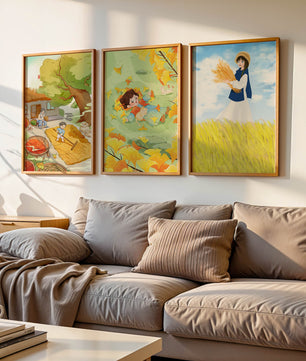 Triptyque d’illustrations d’automne avec des enfants et des paysages