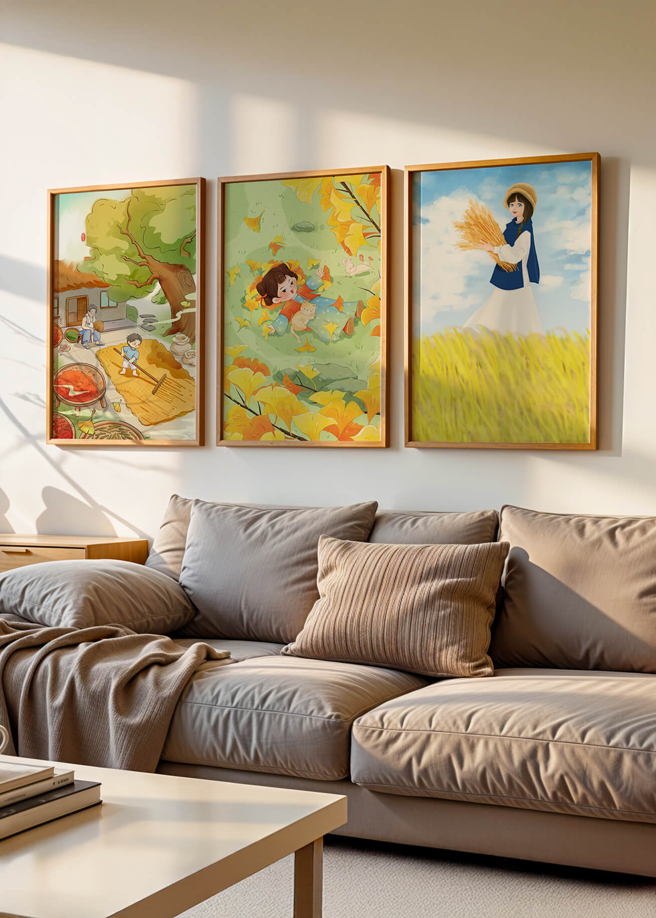 Tríptico de Ilustraciones de Otoño con Niños y Paisajes