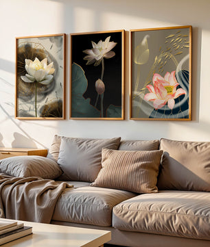 Impressions élégantes de fleurs de lotus avec finition dorée