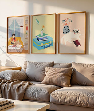 Triptyque moderne avec illustrations d’intérieurs et d’animaux